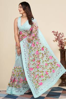  Sky Blue Soft Net Saree With Heavy Thread Embroidery Work 4