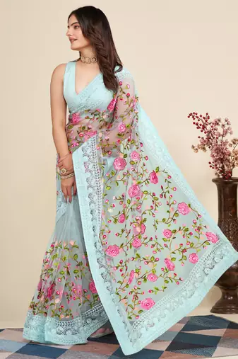 Sky Blue Soft Net Saree With Heavy Thread Embroidery Work