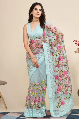  Sky Blue Soft Net Saree With Heavy Thread Embroidery Work