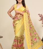  Yellow Soft Net Saree With Heavy Thread Embroidery Work