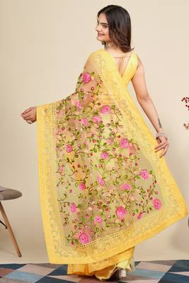  Yellow Soft Net Saree With Heavy Thread Embroidery Work 2