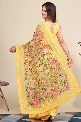  Yellow Soft Net Saree With Heavy Thread Embroidery Work