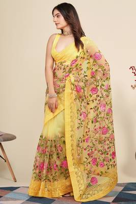 Yellow Soft Net Saree With Heavy Thread Embroidery Work 3