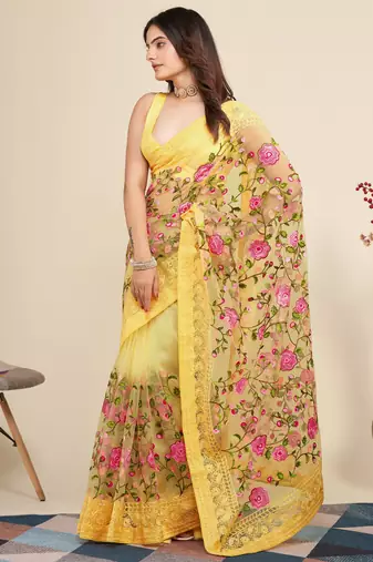  Yellow Soft Net Saree With Heavy Thread Embroidery Work