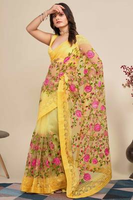  Yellow Soft Net Saree With Heavy Thread Embroidery Work 4
