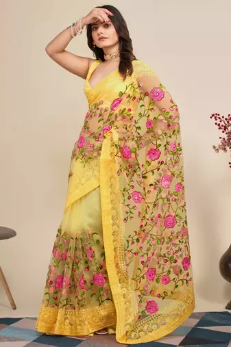  Yellow Soft Net Saree With Heavy Thread Embroidery Work