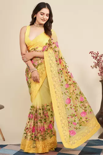  Yellow Soft Net Saree With Heavy Thread Embroidery Work