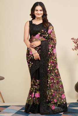  Black Soft Net Saree With Heavy Thread Embroidery Work 1