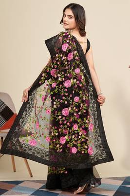  Black Soft Net Saree With Heavy Thread Embroidery Work 2
