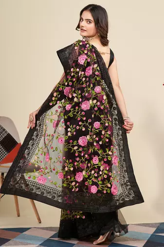 Black Soft Net Saree With Heavy Thread Embroidery Work