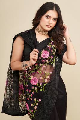  Black Soft Net Saree With Heavy Thread Embroidery Work 3