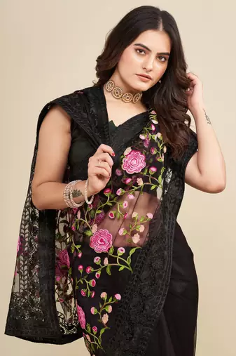  Black Soft Net Saree With Heavy Thread Embroidery Work