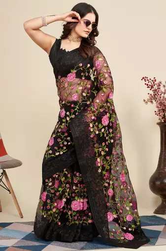  Black Soft Net Saree With Heavy Thread Embroidery Work