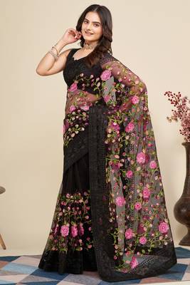  Black Soft Net Saree With Heavy Thread Embroidery Work 5
