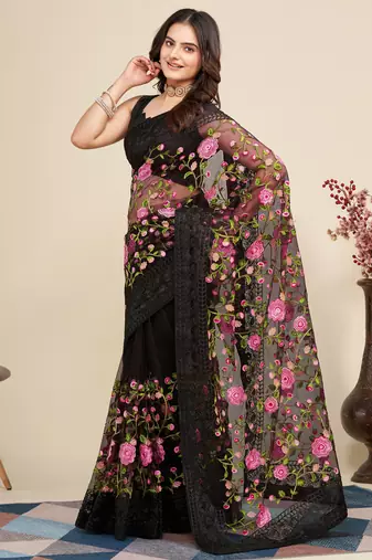  Black Soft Net Saree With Heavy Thread Embroidery Work