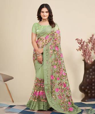  Pista Soft Net Saree With Heavy Thread Embroidery Work 1