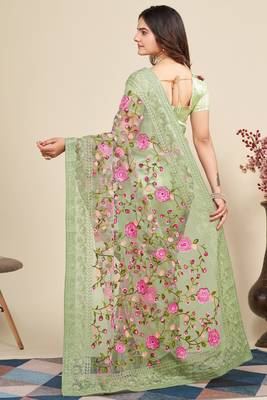  Pista Soft Net Saree With Heavy Thread Embroidery Work 2