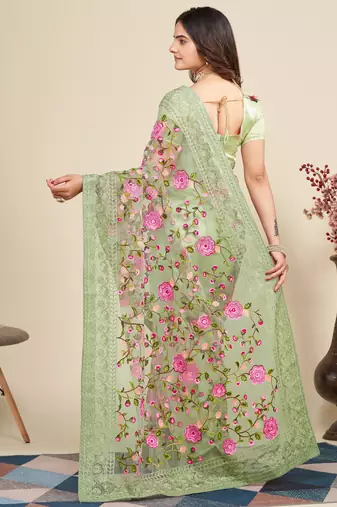  Pista Soft Net Saree With Heavy Thread Embroidery Work