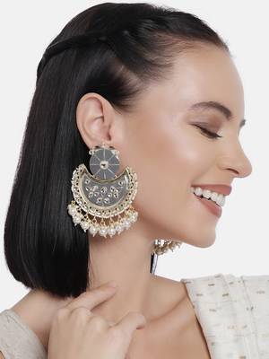 Laida grey gold-plated handcrafted enamelled kundan & pearl classic chandbalis 1