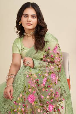  Pista Soft Net Saree With Heavy Thread Embroidery Work 3