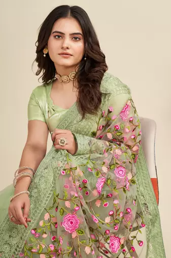  Pista Soft Net Saree With Heavy Thread Embroidery Work