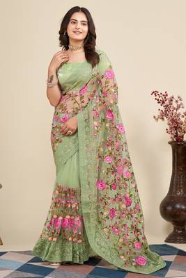  Pista Soft Net Saree With Heavy Thread Embroidery Work 4