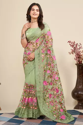  Pista Soft Net Saree With Heavy Thread Embroidery Work