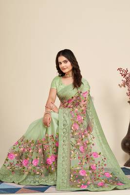  Pista Soft Net Saree With Heavy Thread Embroidery Work 5