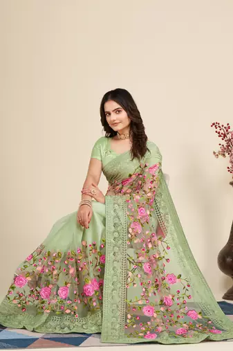  Pista Soft Net Saree With Heavy Thread Embroidery Work