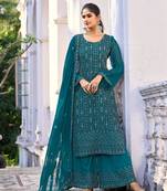Teal blue colour designer resham work partywear palazzo dress