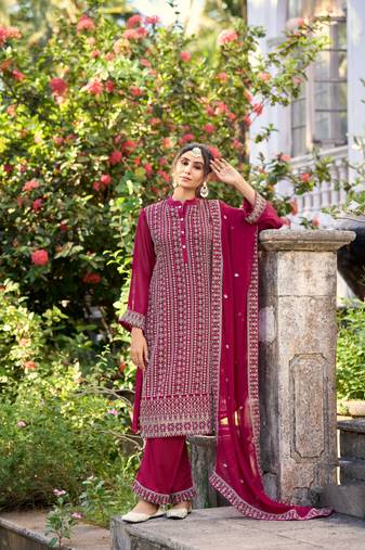 Pink colour designer resham work partywear palazzo dress