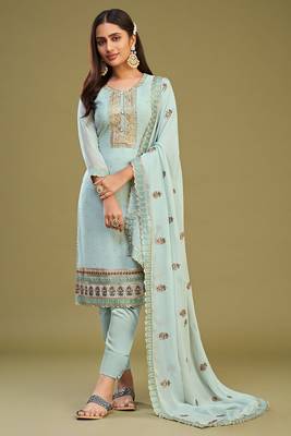 Firozi colour partywear georgette fabric salwar kameez with resham work 1