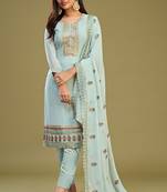 Firozi colour partywear georgette fabric salwar kameez with resham work