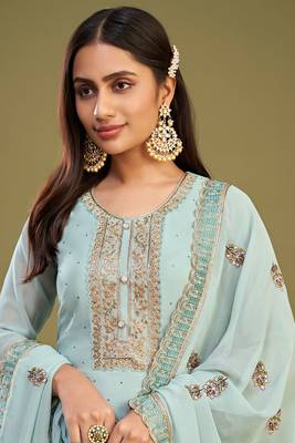 Firozi colour partywear georgette fabric salwar kameez with resham work 2