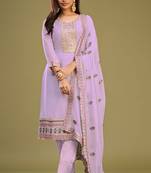 Lavender colour partywear georgette fabric salwar kameez with resham work