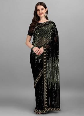 Green Heavy Georgette Sequence Embroidery Saree 1