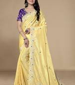 Smart And Designer Yellow Chinon Silk Blend Saree For Girlish Looks