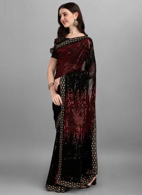 Red Heavy Georgette Sequence Embroidery Saree 1