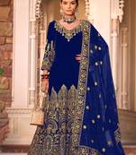 Heavy zari work blue colour wedding wear velvet anarkali dress