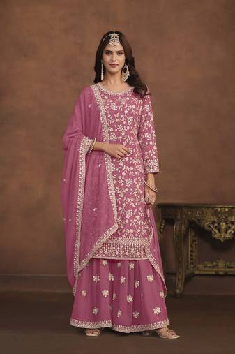 Pink colour heavy thread embroidery work partywear palazzo dress