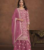 Pink colour heavy thread embroidery work partywear palazzo dress