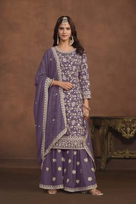 Purple colour heavy thread embroidery work partywear palazzo dress 1