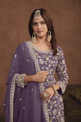 Purple colour heavy thread embroidery work partywear palazzo dress 2