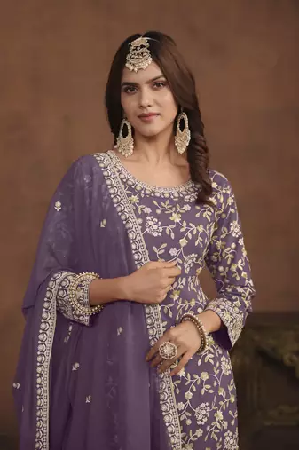 Purple colour heavy thread embroidery work partywear palazzo dress