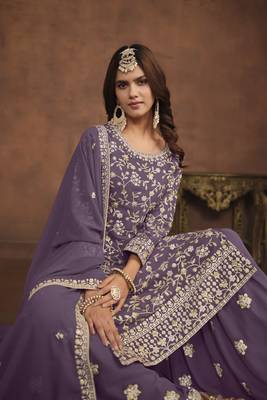 Purple colour heavy thread embroidery work partywear palazzo dress 3