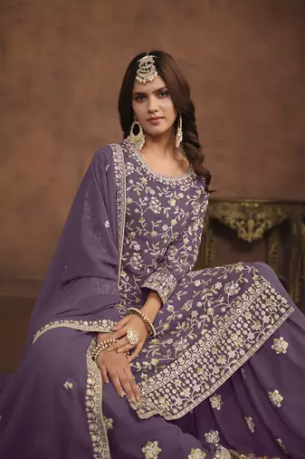 Purple colour heavy thread embroidery work partywear palazzo dress