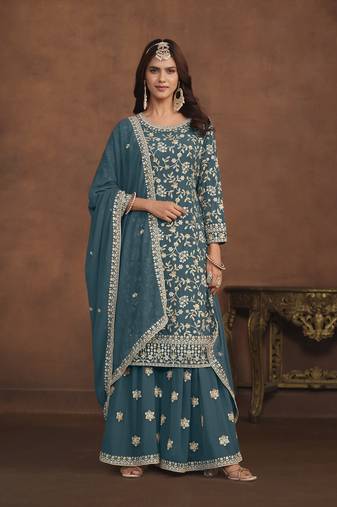 Teal colour heavy thread embroidery work partywear palazzo dress