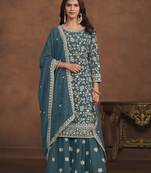 Teal colour heavy thread embroidery work partywear palazzo dress