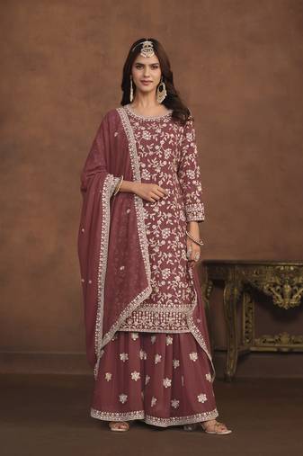 Rust colour heavy thread embroidery work partywear palazzo dress