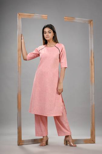 Peach cotton bengal handwoven kurta set